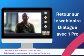 un ordinateur avec une capture d'écran d'un webinaire. Il est inscrit : Retour sur le webinaire Dialogue avec 1 Pro
