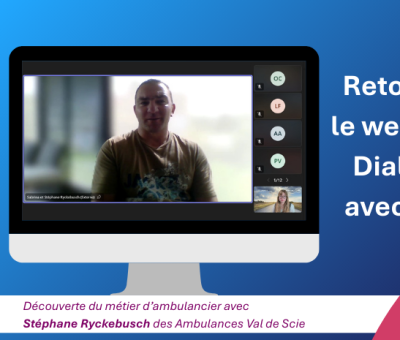 un ordinateur avec une capture d'écran d'un webinaire. Il est inscrit : Retour sur le webinaire Dialogue avec 1 Pro